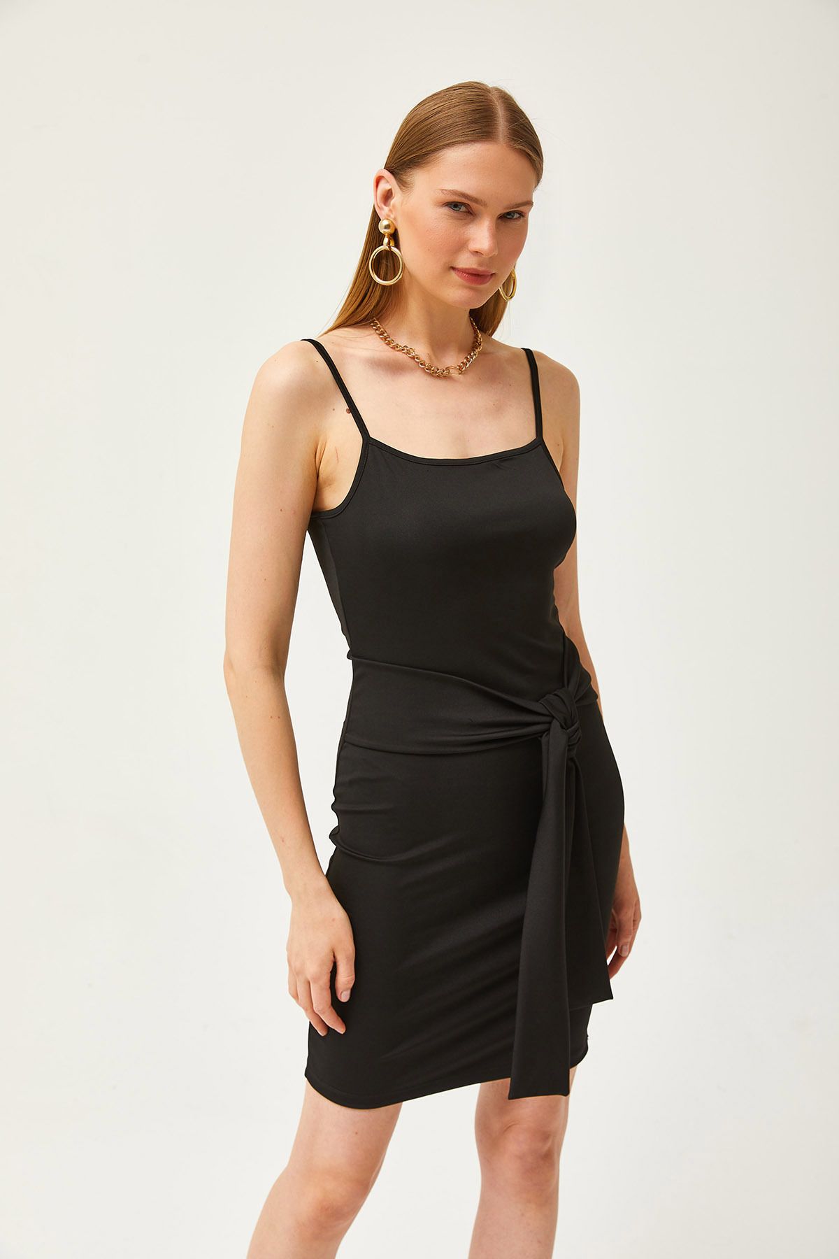 Kadın Siyah Askılı Beli Kuşak Detaylı Örme Elbise ELB-19002118