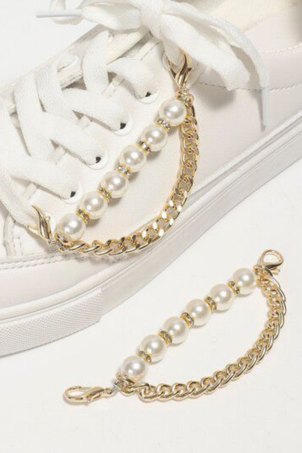 Emtory Home Spor Ayakkabı Gold Metal Aksesuar - Zincirli İncili Ayakkabı Aksesuarı - Ayakkabı Süsü - Çift Adet