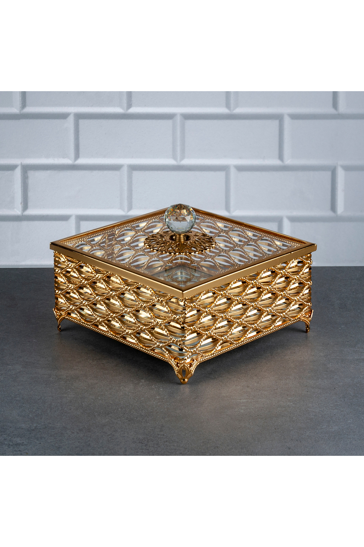 Nile Square Lid Mirrored High Sugar Bowl ( 18 CM ) Golden Holiday Sugar Bowl