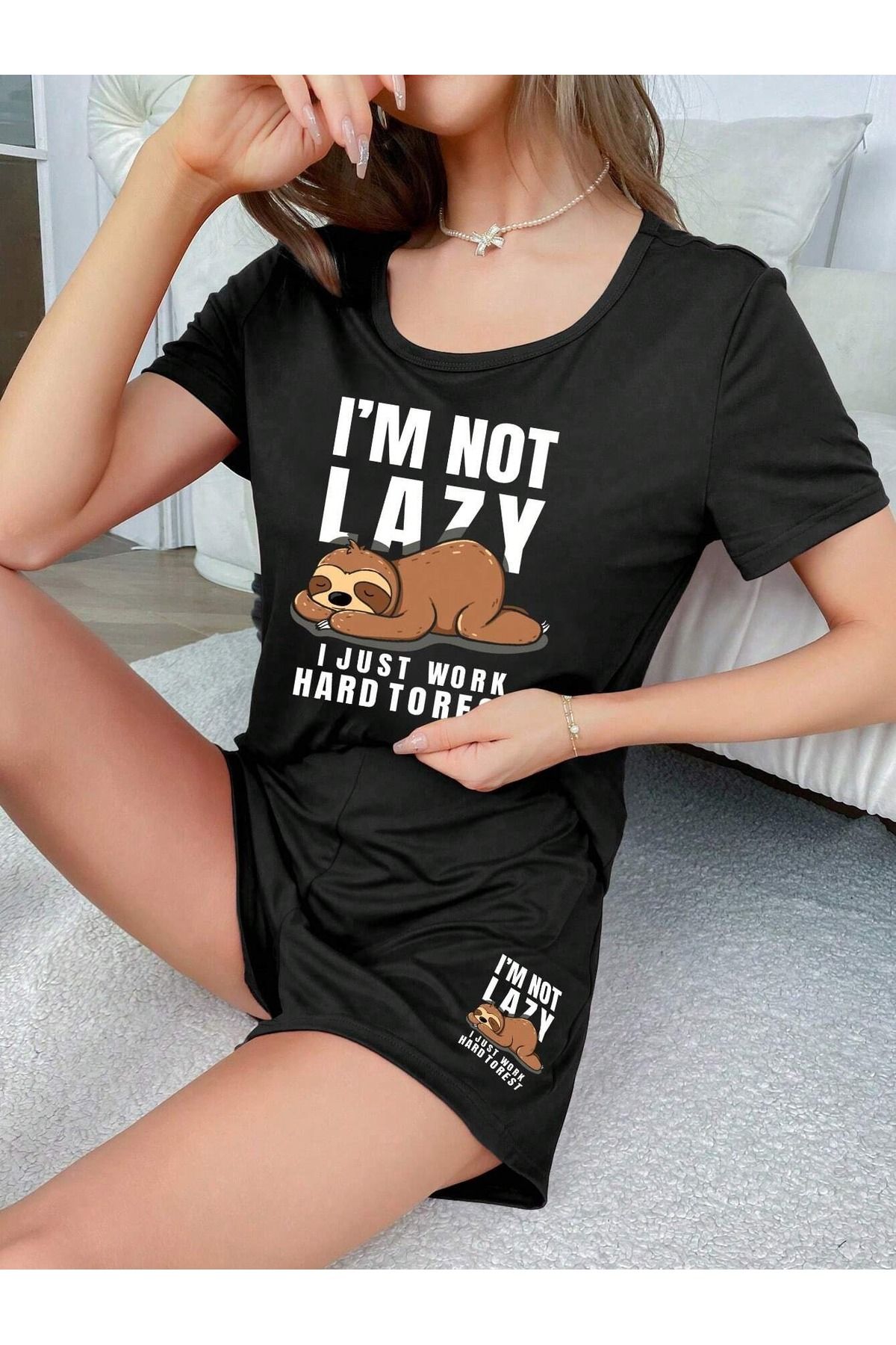 PALPİTO-Γυναικείο Μαύρο I Am Not Lazy εμπριμέ Oversize Σορτς 5