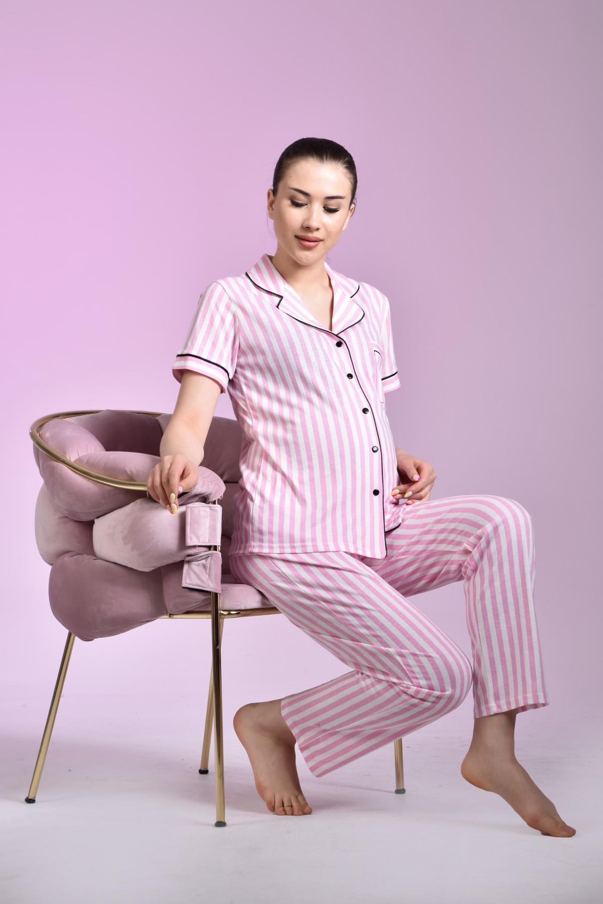 LİKAPA Likapa Penye Önden Düğmeli Hamile Lohusa Kısa Kol Pijama Takımı ,%100 Cotton