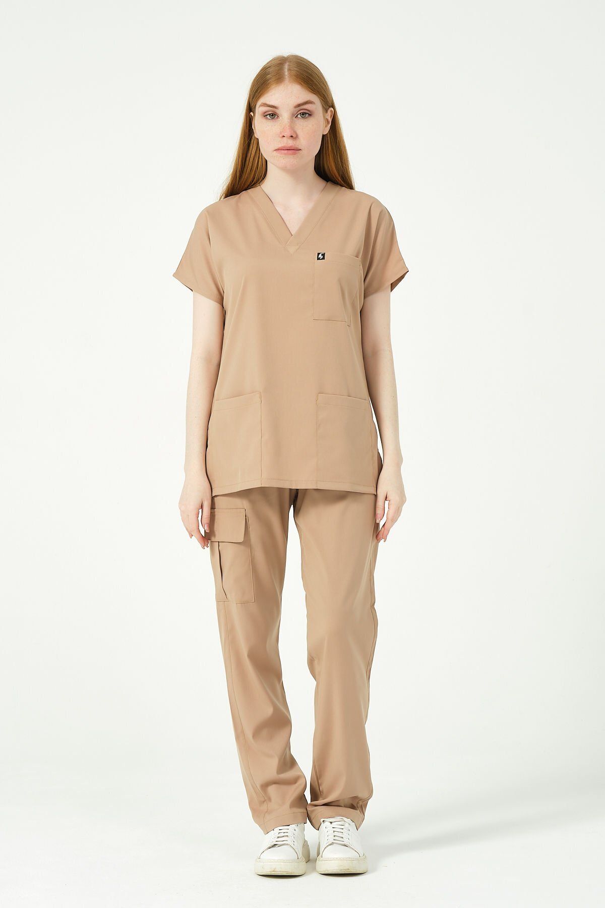 Pratik Medikal-Unisex Beige Scrubs - Lycra Cargo Pocket, Bat Sleeve, Doctor and Nurse Jersey 2