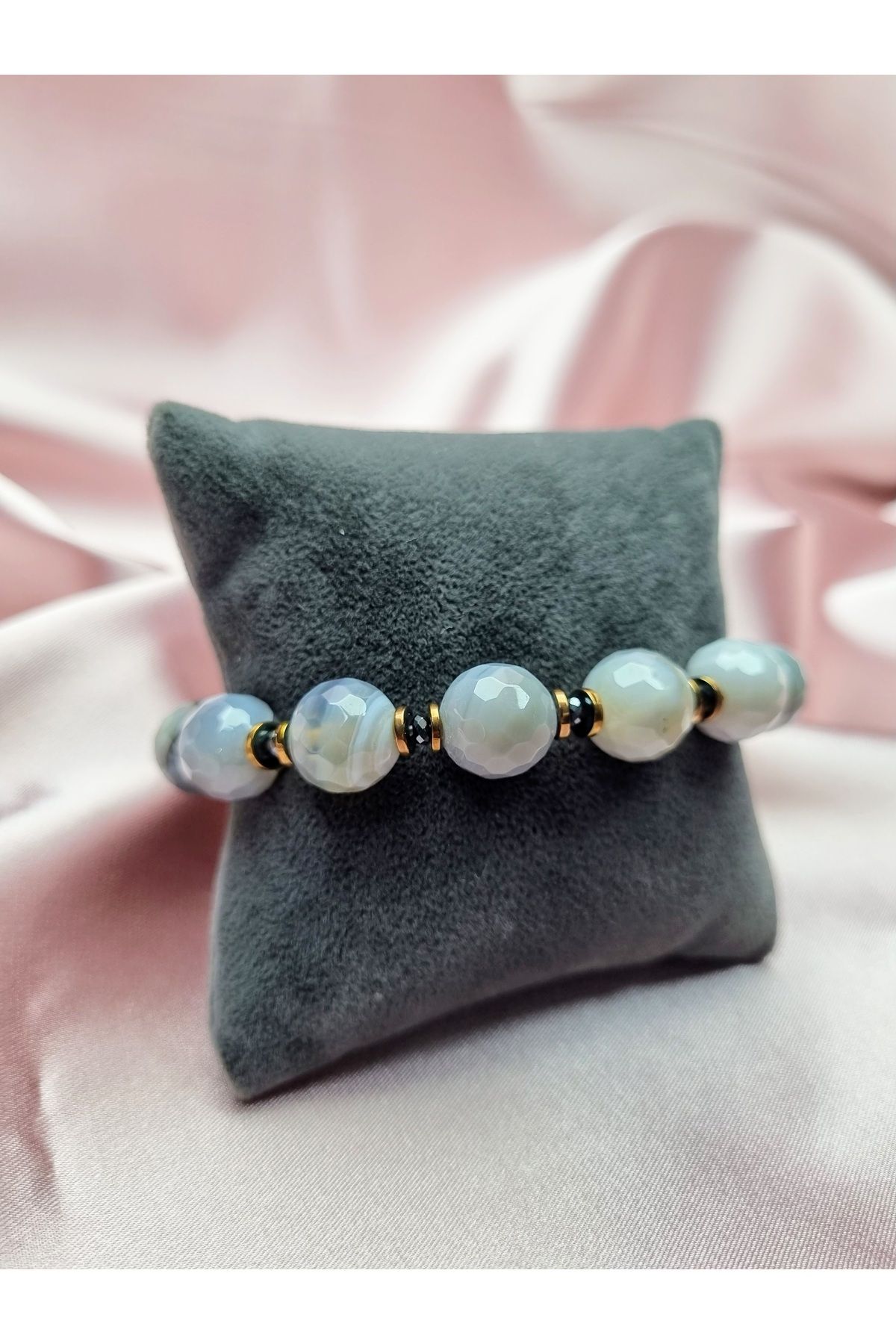 Yüksel Boncuk-12 mm Facet Cut Veined Agate Stone with Hematite Spacer Combination Natural Stone Bracelet 5