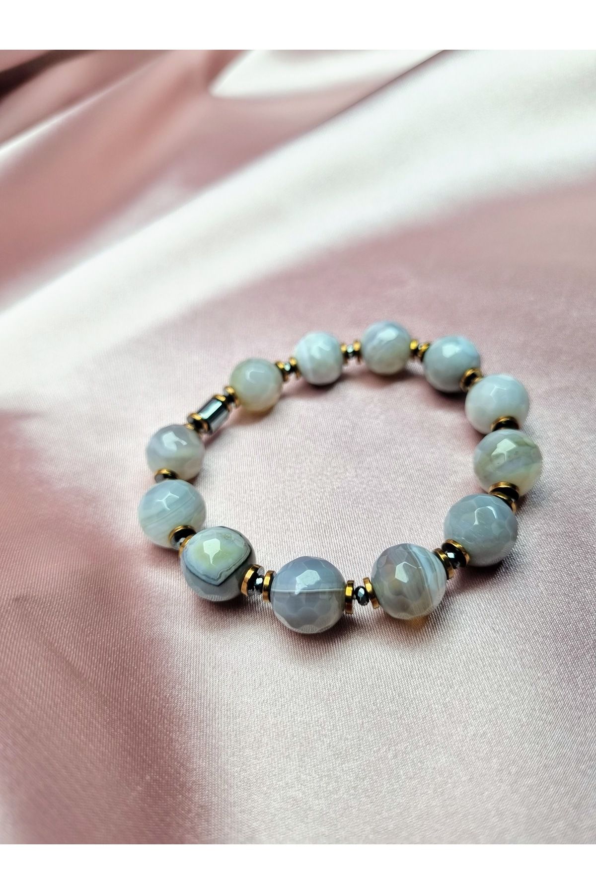 Yüksel Boncuk-12 mm Facet Cut Veined Agate Stone with Hematite Spacer Combination Natural Stone Bracelet 3