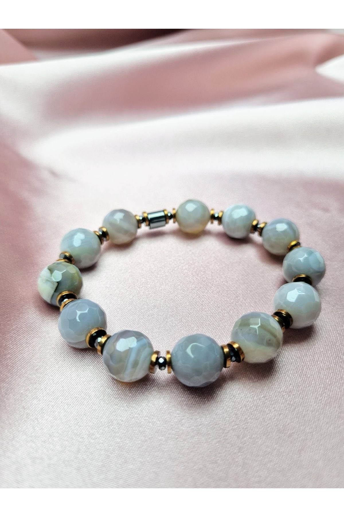 Yüksel Boncuk-12 mm Facet Cut Veined Agate Stone with Hematite Spacer Combination Natural Stone Bracelet 2
