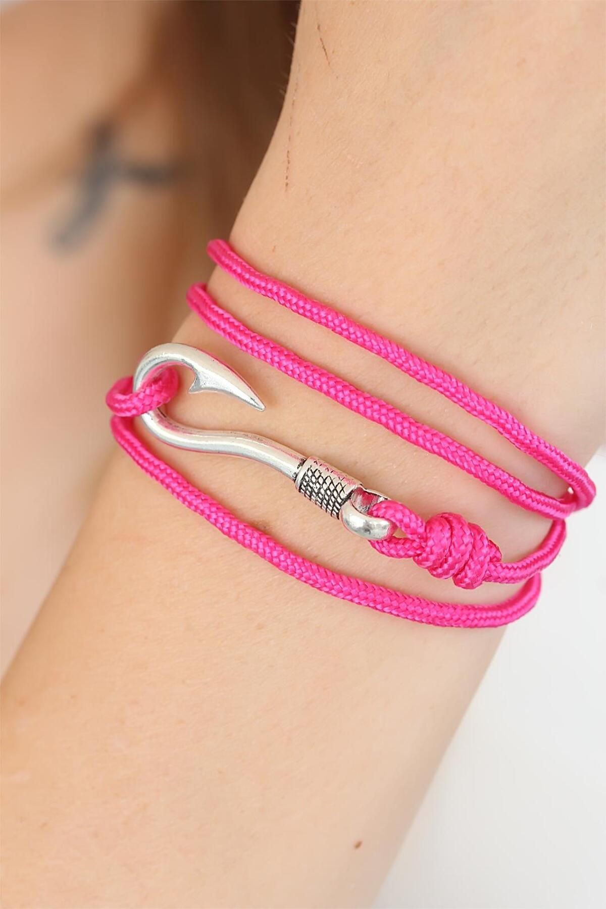 Nişantaşı Takı-Fuchsia Color Silver Metal Multiple Bracelet with Hooks 2