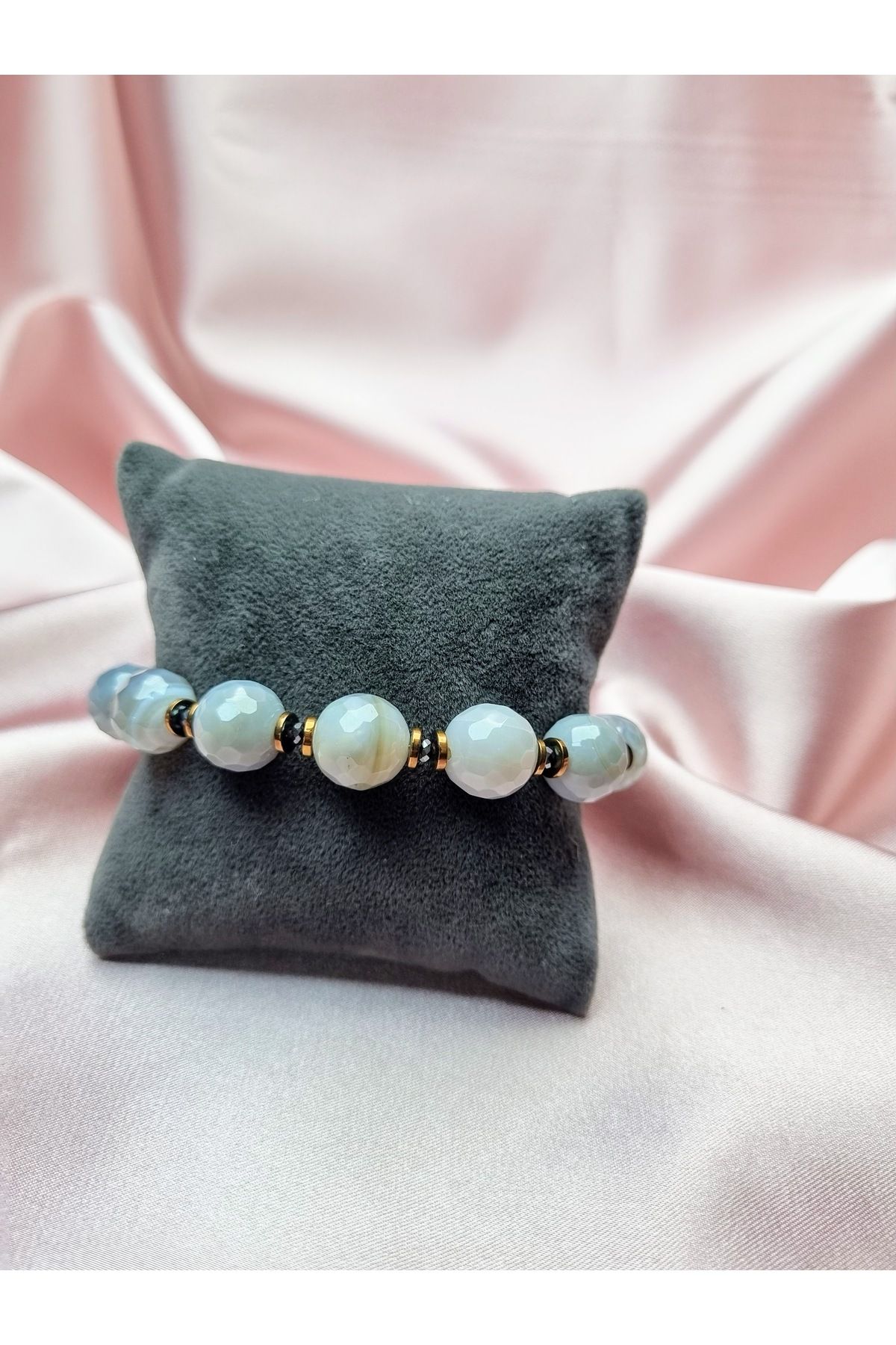Yüksel Boncuk-12 mm Facet Cut Veined Agate Stone with Hematite Spacer Combination Natural Stone Bracelet 6