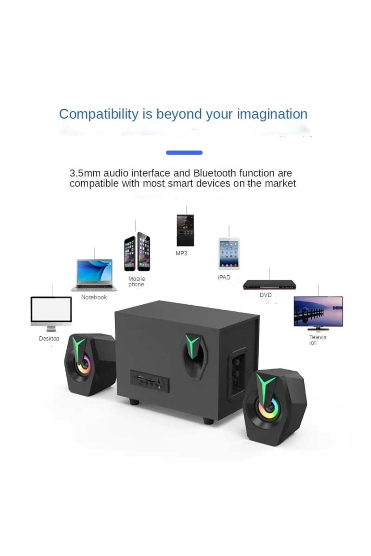 MULTİMEDYA BLUETOOTH HOPARLÖR SD KART USB 2.1 KANAL SUBWOOFER 2+1 IŞIKLI PC SPEAKER #5