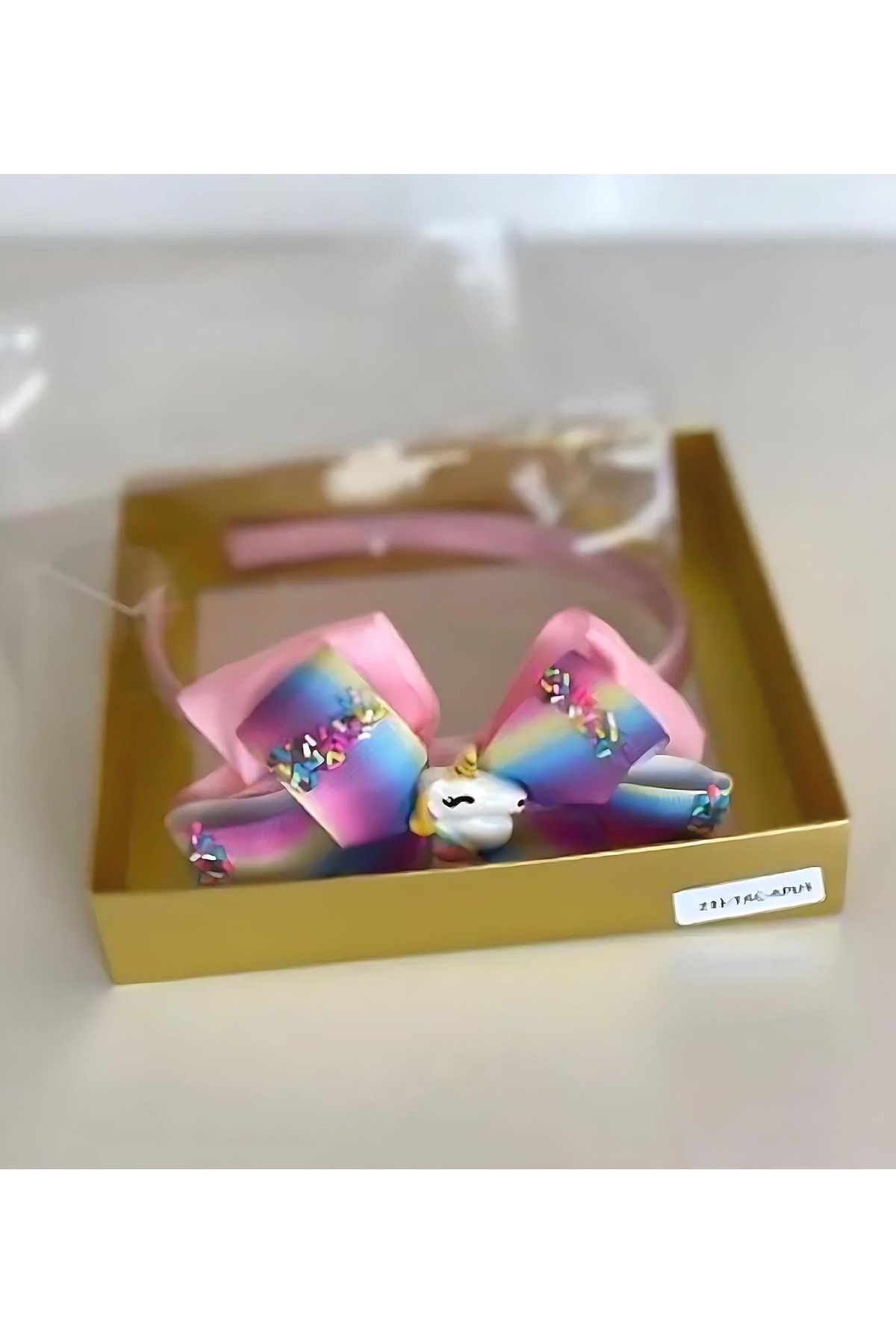 Özel tasarım  şeker süslü renkli gökkuşağı unicorn at katlı fiyonk pembe saten taç çocuk tacı pembe 2