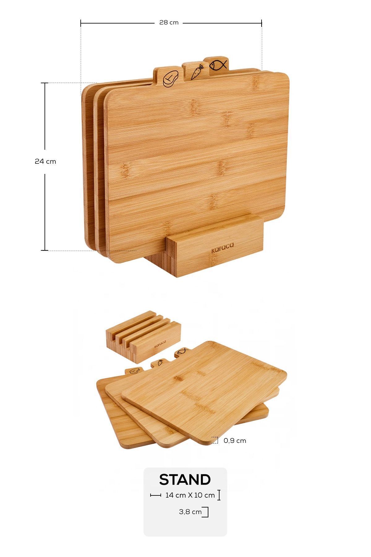 Karaca-Cutting Board 4 Pieces Footed Bamboo Wooden Meat Fish Vegetable Fruit Bread Cutting Board Set 28 Cm 5