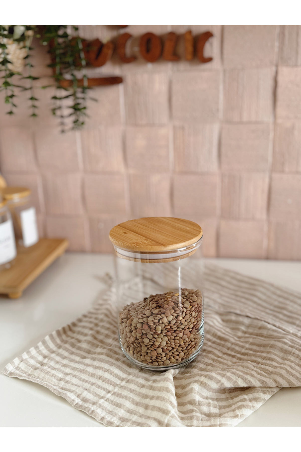 BUCOLIC Bamboo Vacuum Glass Storage Jar with Lid Medium Size Trendyol