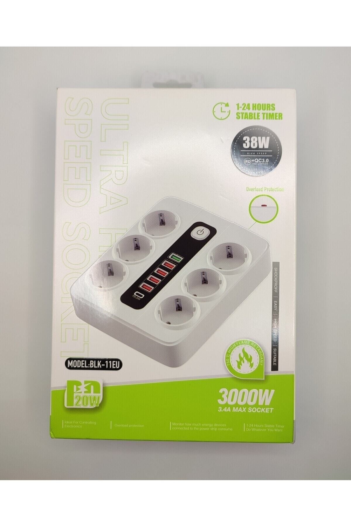 Yellowtech-6-Piece Group Socket with Current Protection, 5-Piece Usb Charger, 1 Type-c Charging Input, 2 M Cable, 3000w (BLACK) 4