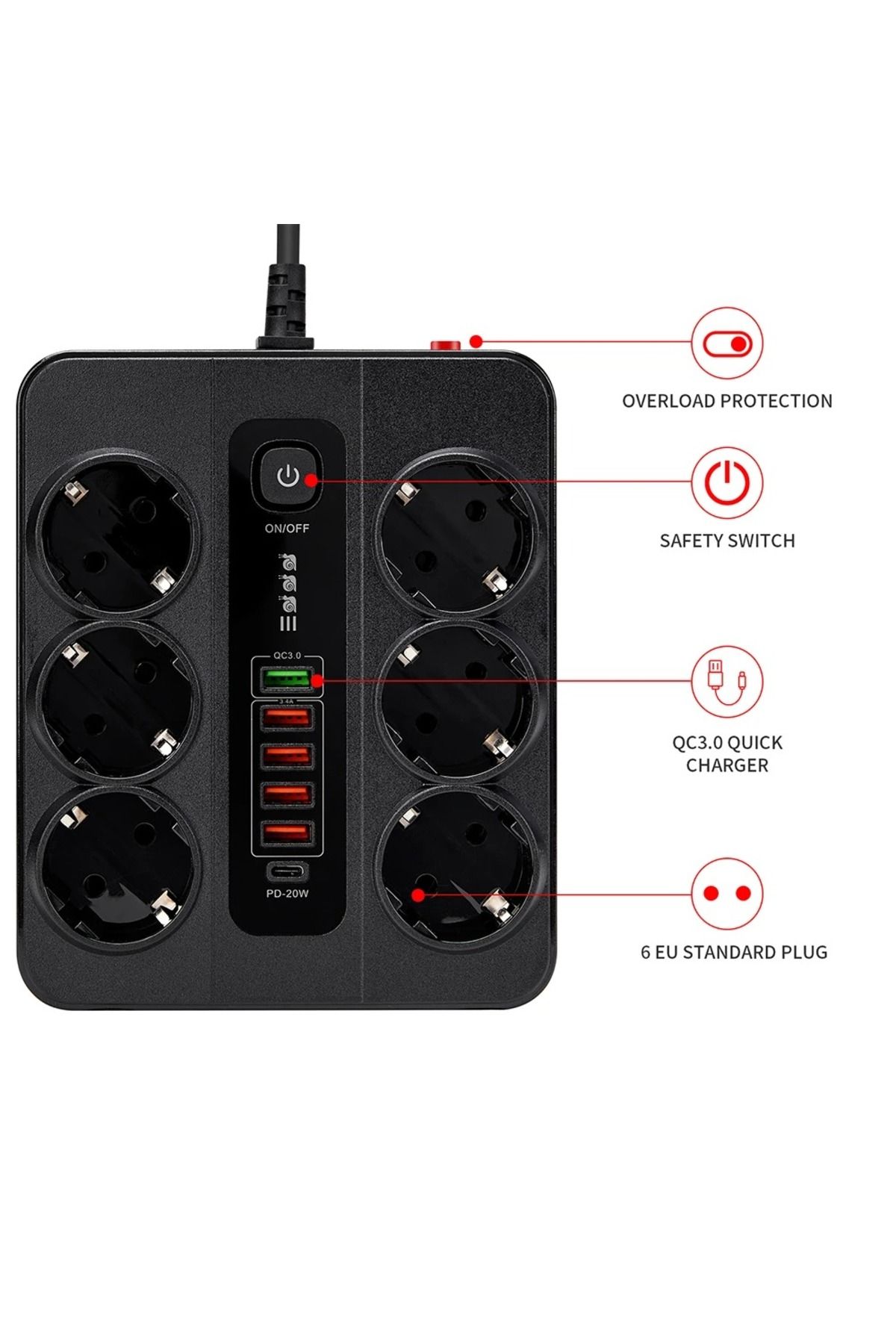Yellowtech-6-Piece Group Socket with Current Protection, 5-Piece Usb Charger, 1 Type-c Charging Input, 2 M Cable, 3000w (BLACK) 6
