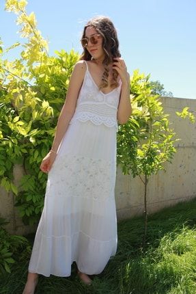 Kadın Beyaz Nakışlı Naturel Uzun Elbise 1199880