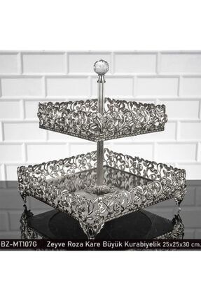 Roza 2 Katlı Kare Büyük Sunumluk Aynalı Metal Kurabiyelik Gümüş BZ-MT107G-