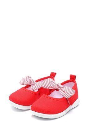 Kız Çocuk Kırmızı Papyonlu Keten Babet Ayakkabı F-490