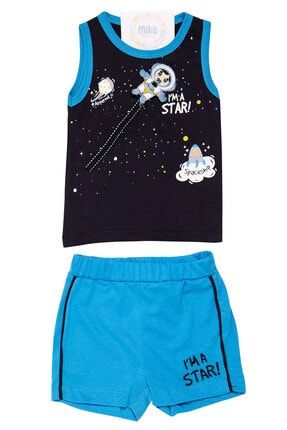 Uzay Astronot Figürlü Erkek Bebek Mavi Yazlık Şort Tişört Takım MB-00652