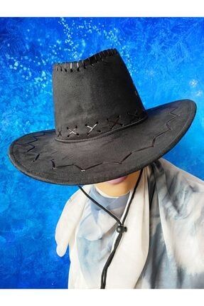 Unisex Siyah Renk Bağcıklı Yetişkin Nubuk Kovboy Şapkası PNDERGN50