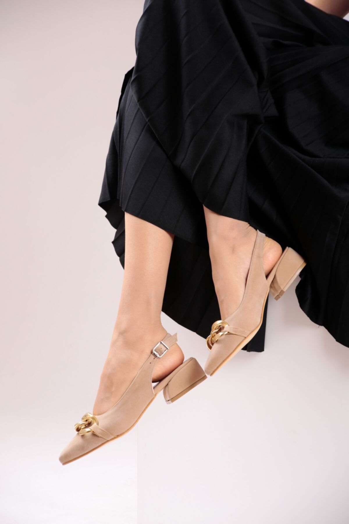 FORS SHOES-Women's Beige Suede Chain Buckle Open Back Heeled Shoes 3.5 Cm 3