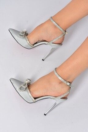 Gümüş Saten Kumaş Kadın Topuklu Ayakkabı K654051204
