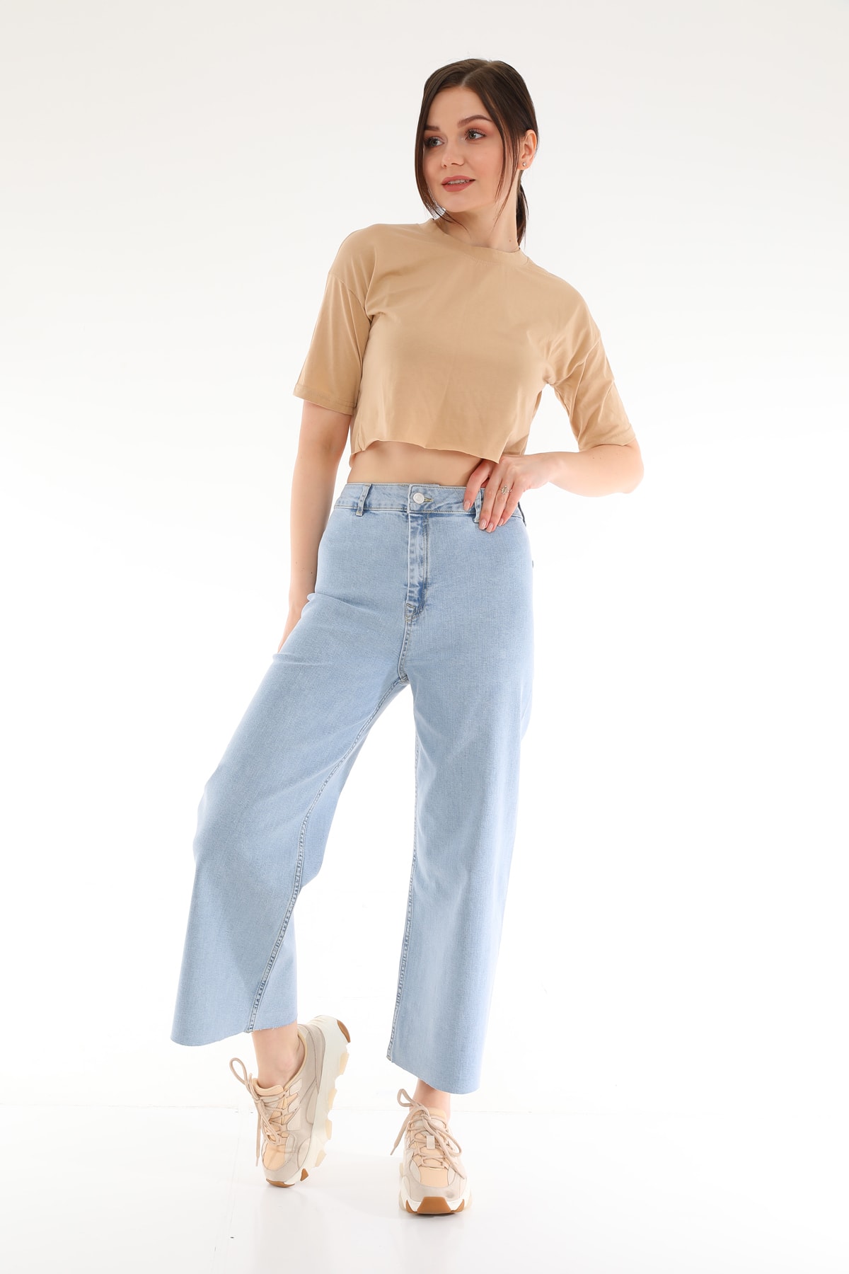 Darkly Jeans  Kadın Mavi Süper Yüksek Bel Dikişsiz Culotte Fit Pantolon - Görsel 3