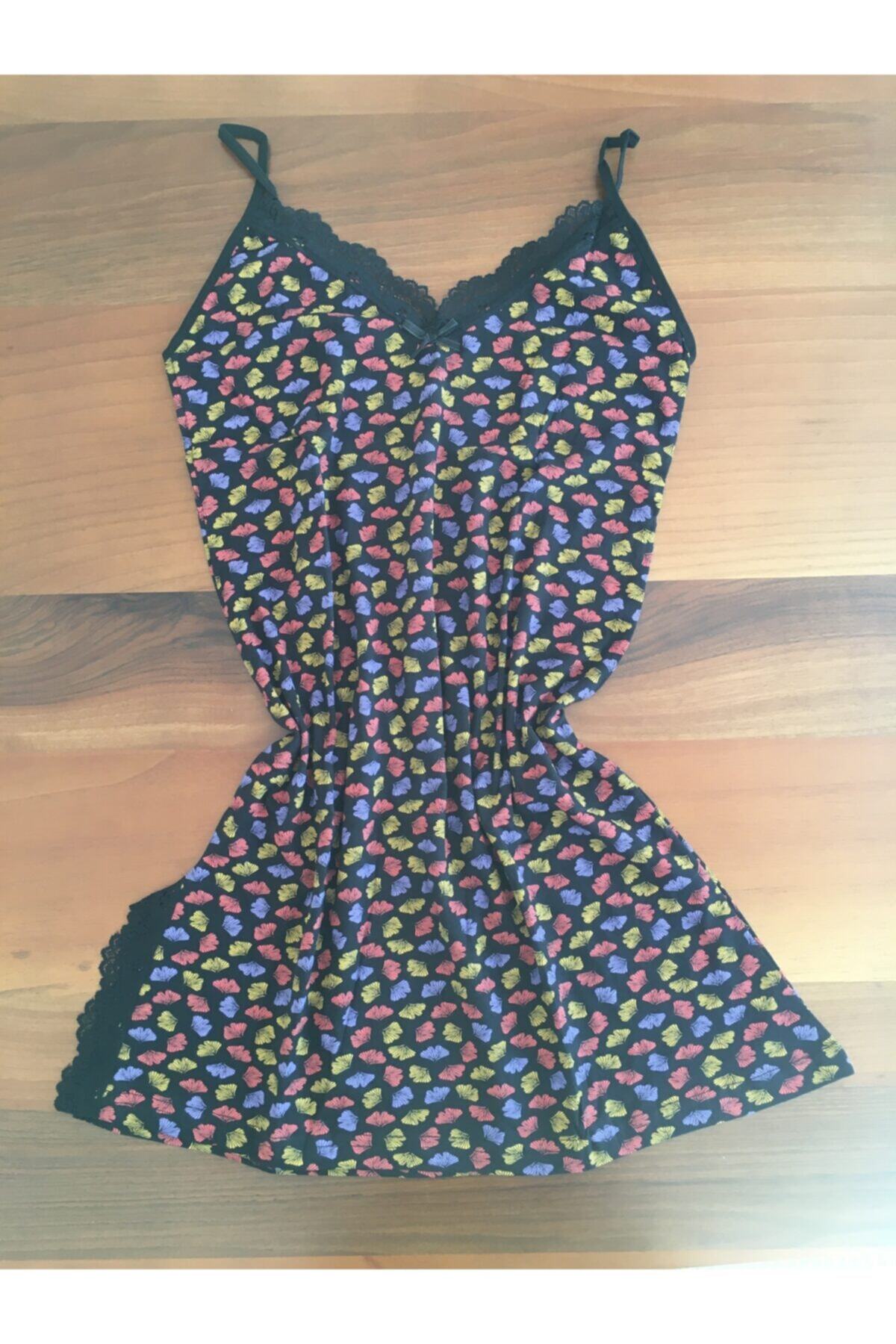 BUEN BUTİK Kadın Siyah İp Askılı Dantel Detaylı Penye Gecelik