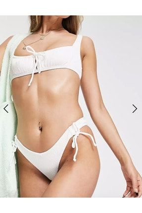 Beyaz Kadın Mayo Askılı Bikini Rib Bağlama Detaylı Bikini Üstü 46 Beden - Bikini Top ToSh-BeyazÜst
