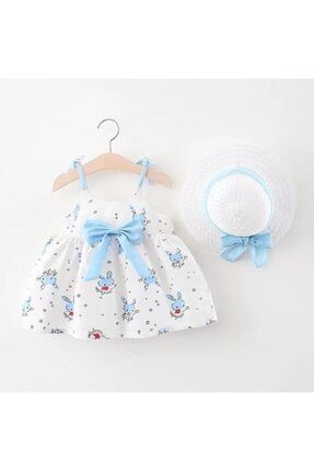 Kız Çocuk Bebek Şapkalı Mavi Star Rabbit Elbise LLK0619