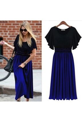 Kadın Siyah Mavi Üstü Sandy Altı Şifon Beli Lastikli Elbise JNS-ec79e871a65937fd281d