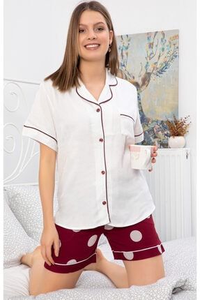Beyaz Altı Bordo Puanlı Şortlu Pijama Takımı slmcgr1