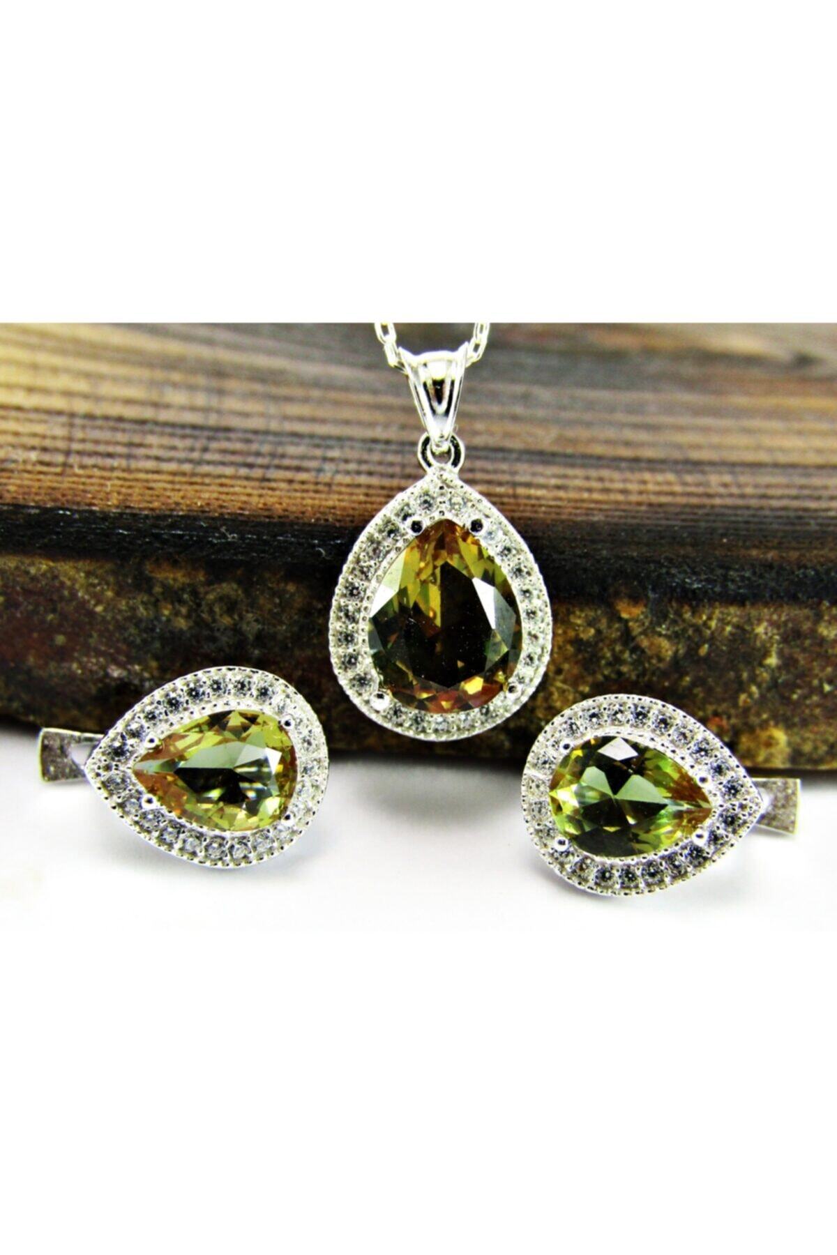 lilahgümüştr Gümüş Zultanit Damla Taşlı Kadın Kolye Küpe Set