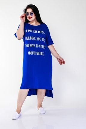 Kadın Büyük Beden Sloganlı Mavi Elbise 1759