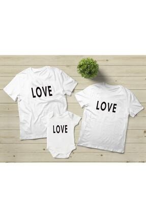 Love Baskılı 3lü Aile Kombini 2 Tshirt 1 Bebek Zıbın -beden Yazmayı Unutmayınız LB3AK2T1B