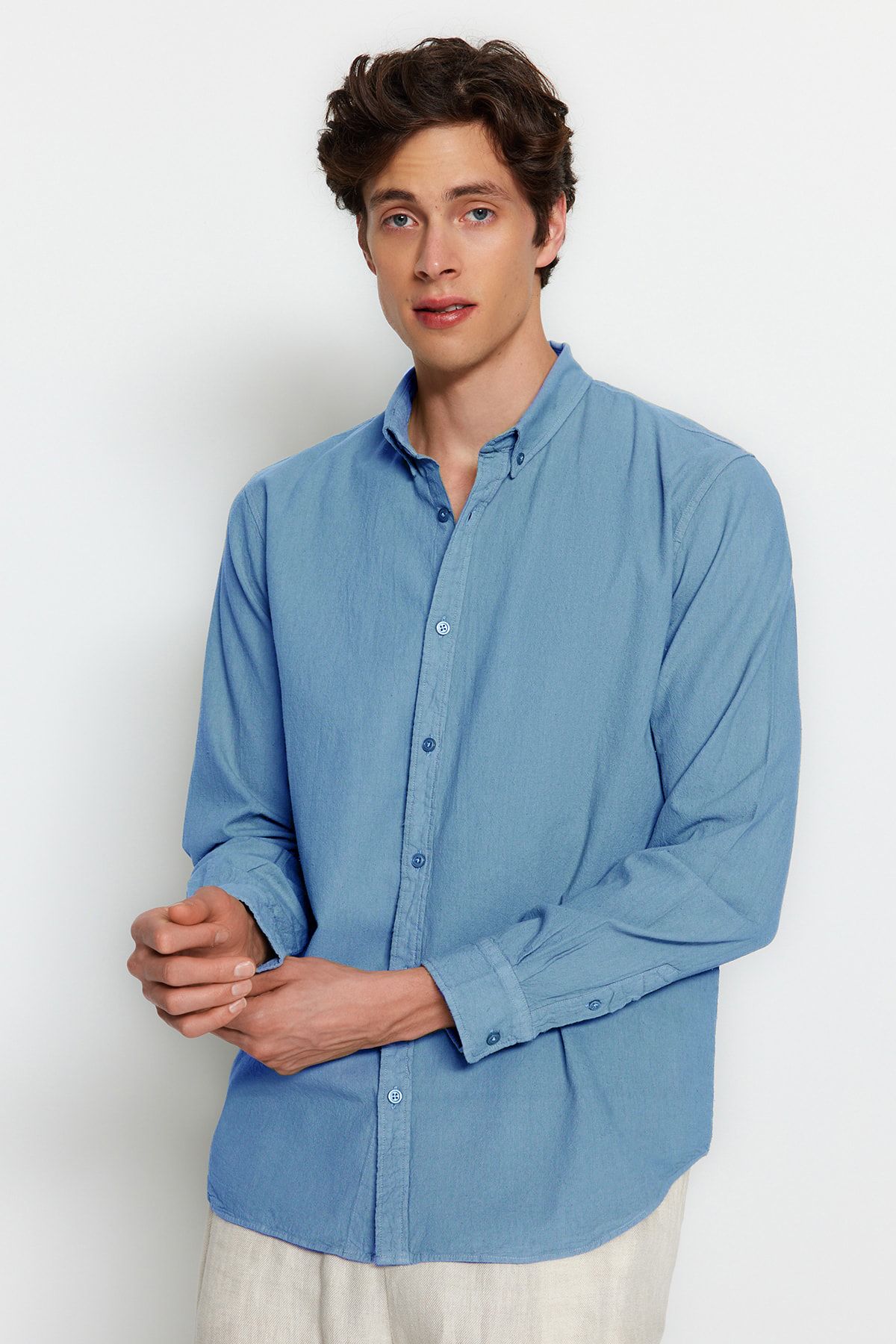 Trendyol Collection-Kék uniszex normál szabású 100% pamut lenvászon ing TMNSS23GO00099 12