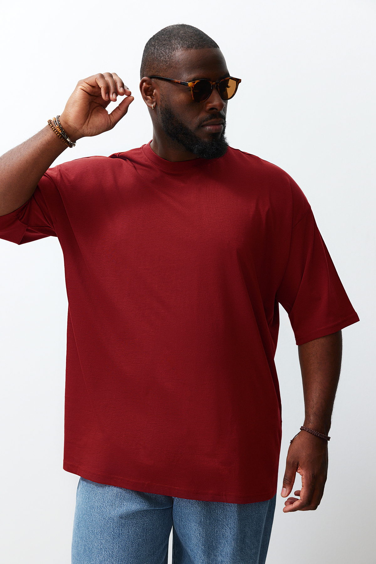  TRENDYOL MAN Büyük Beden Bordo Oversize/Geni? Kesim %100 Pamuklu T-Shirt
