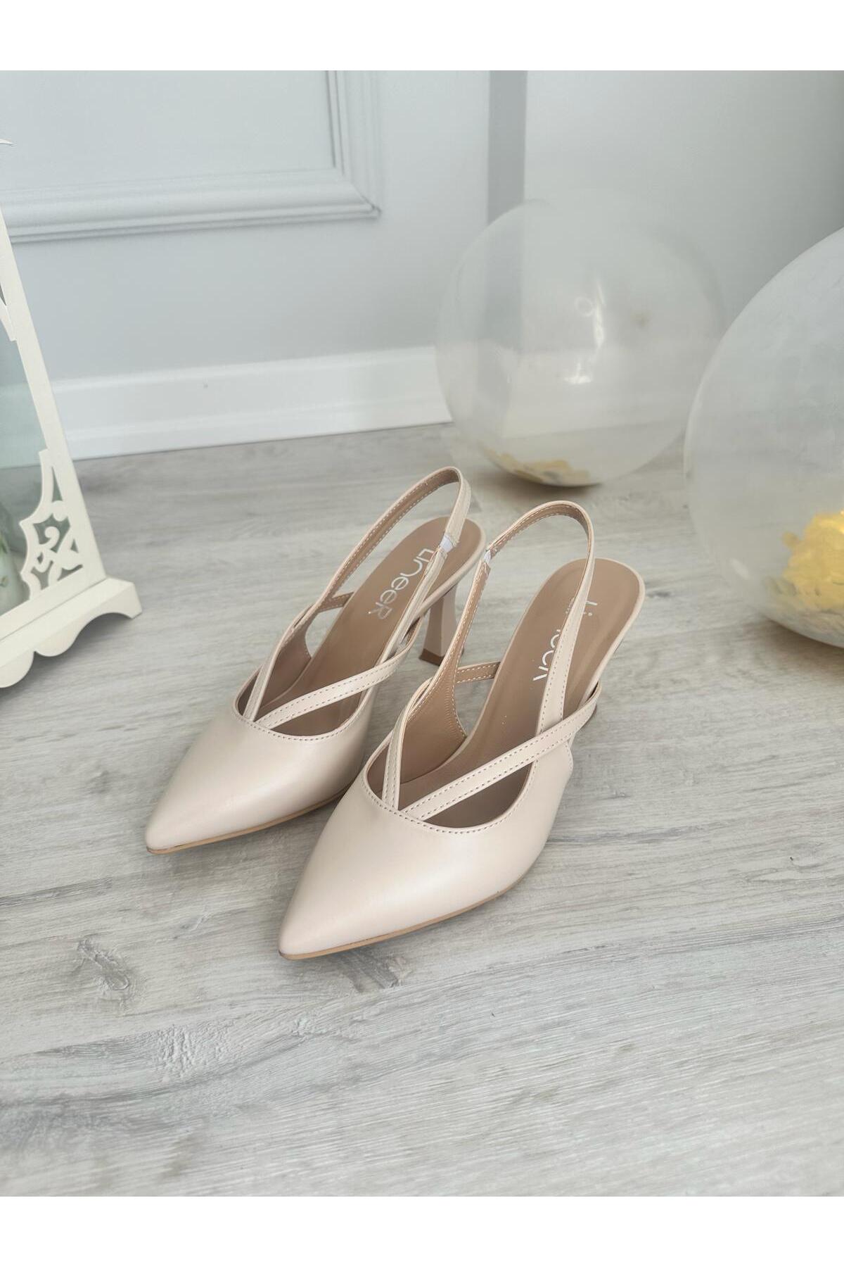 Kadın Bej Renkli 7 Cm Kadeh Topuklu Arkası Açık Vegan Deri Günlük Klasik Stiletto 4