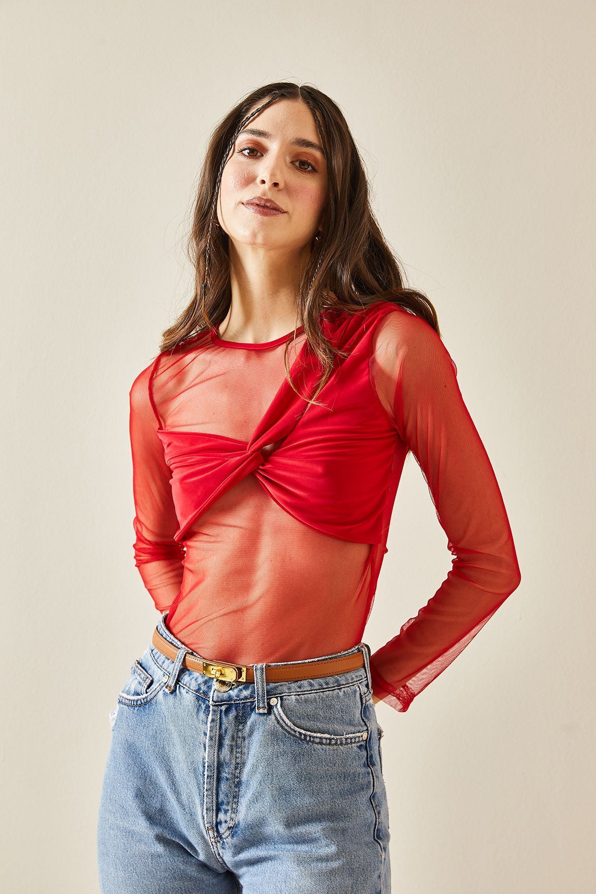 XHAN-Red Crew Neck Knotted Transparent Blouse 5YXK2-48368-04 4