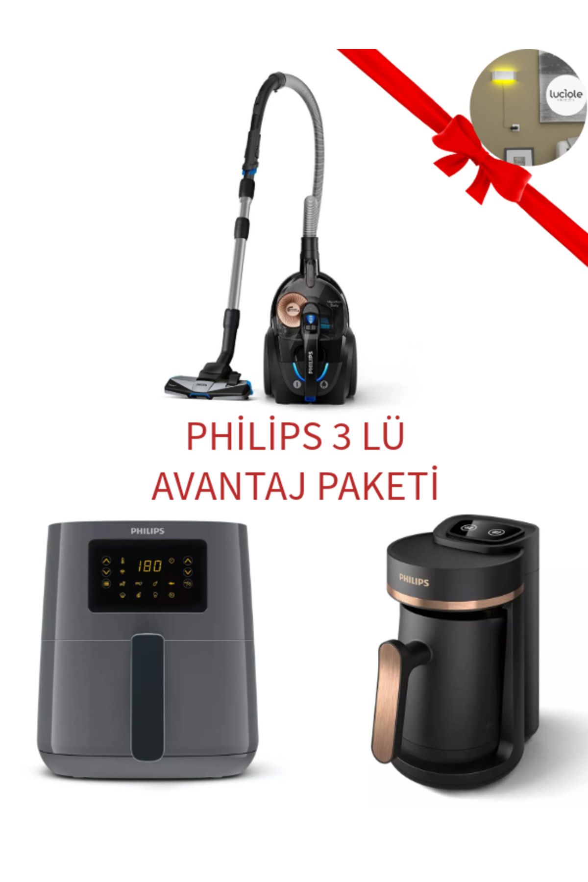 Philips Ev Aletleri Seti Süpürge Airfry ve Türk Kahve Makinesi 3 ü 1  Set Aydınlatma Hediyeli