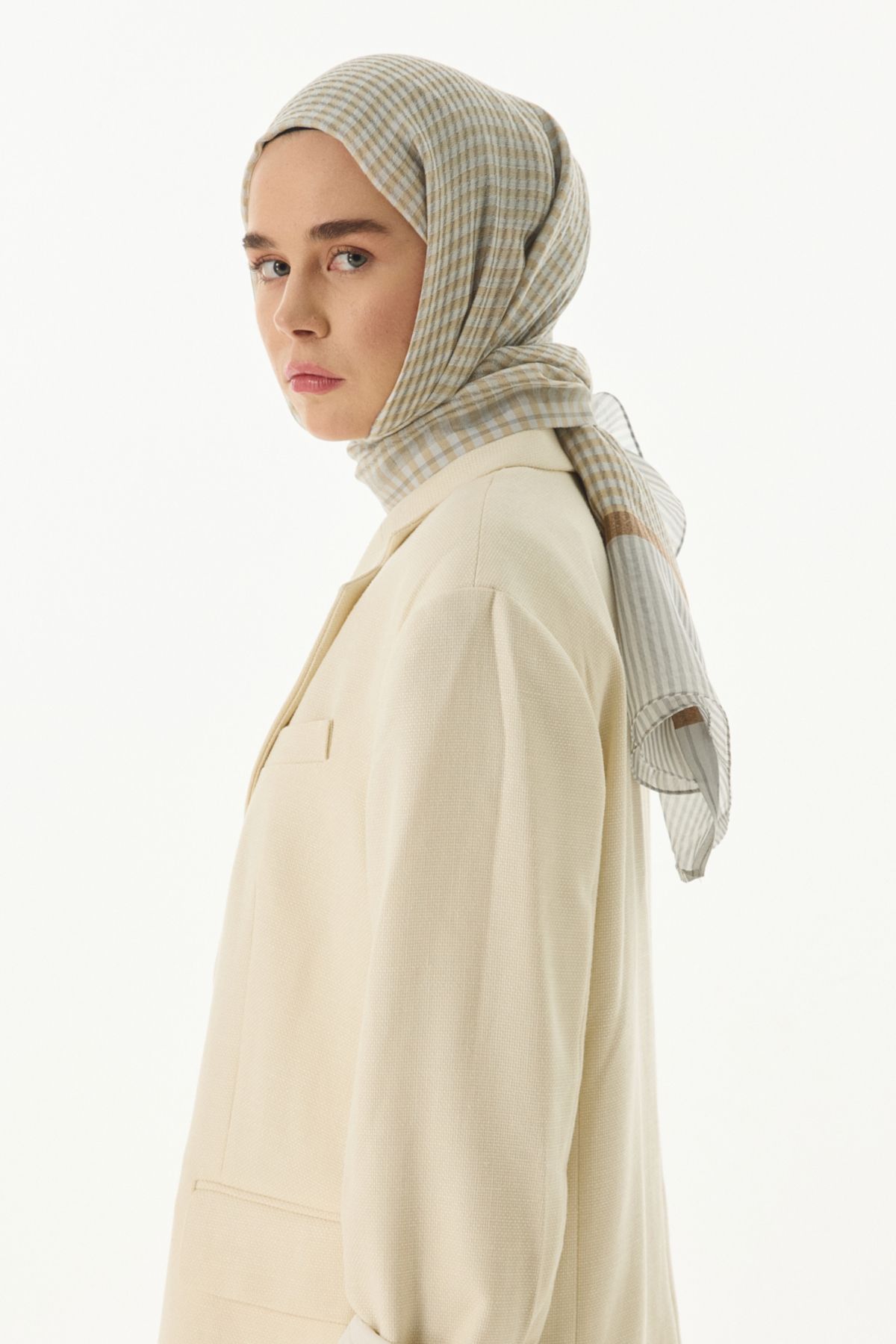 FENZA SCARF شال ابریشمی پشمی بژ طرح استلا گینگهام