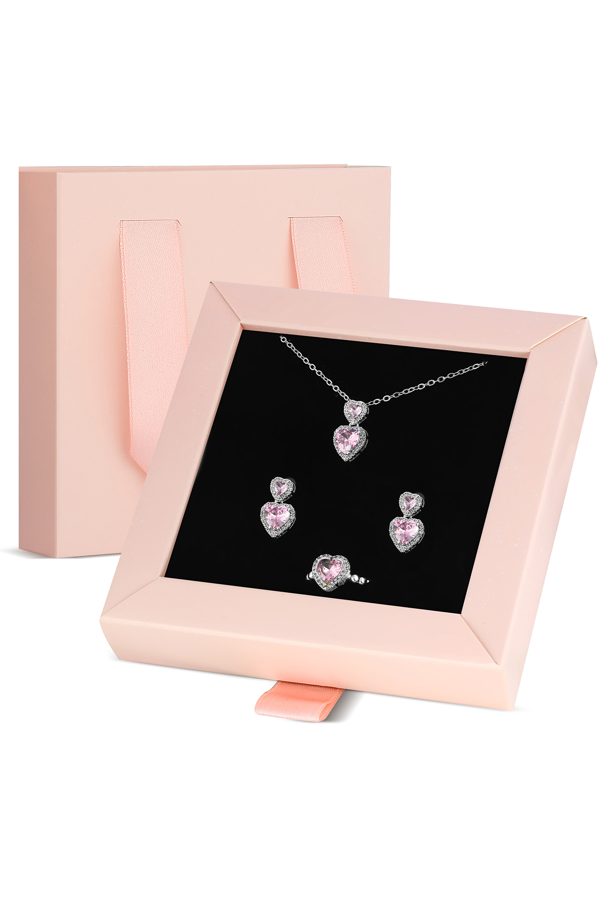 Forentina Gümüş Kaplama Pembe Taşlı Kalp Kolye Küpe Yüzük-Özel Pembe Kutuda Hediye Set PS3467