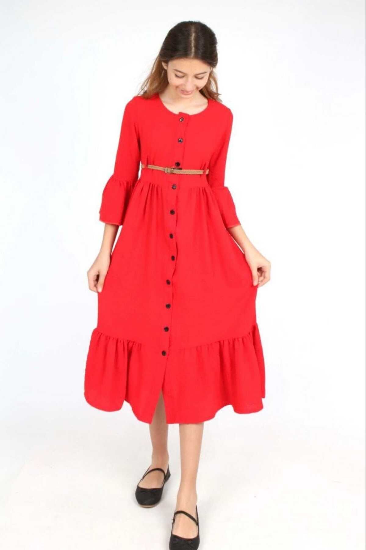 ABİYEKİDS Kırmızı Düğmeli Kemerli Bayramlık Kız Çocuk Elbise ABY146