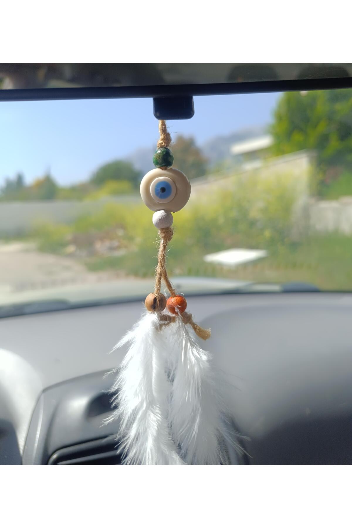 Hd Marketim Nazar Boncuk Kuş Tüylü Dikiz Ayna Süsü Kötü Göz Kovucu Araba Süsü
