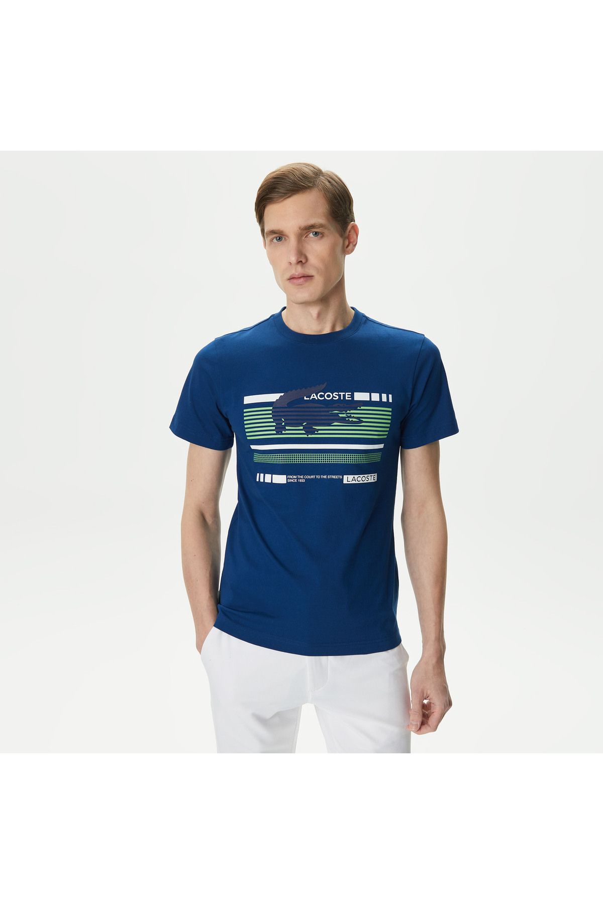 Lacoste یقه دوچرخه باریک مردانه چاپ شده تی شرت آبی نیروی دریایی