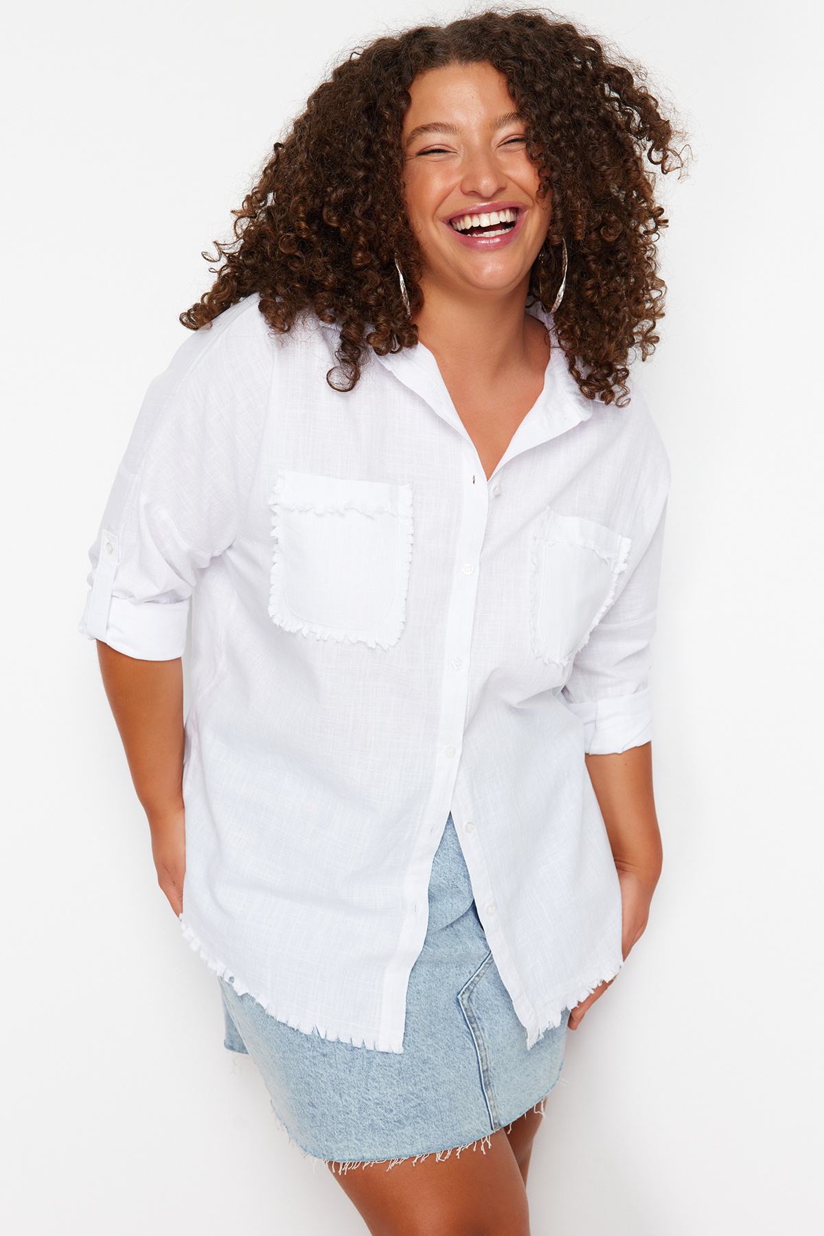 Trendyol Curve-White 100% Cotton Double Pocket Half Sleeve Woven Tunic Tbbss24Ax00023 2