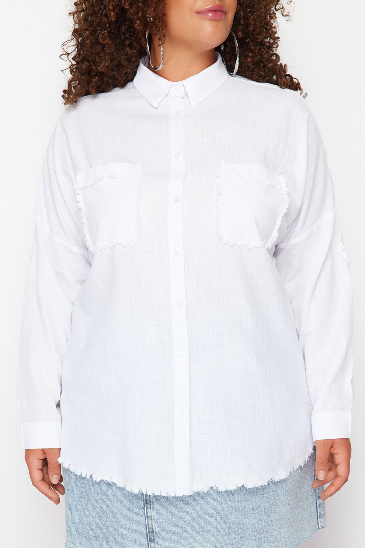 Trendyol Curve-White 100% Cotton Double Pocket Half Sleeve Woven Tunic Tbbss24Ax00023 4