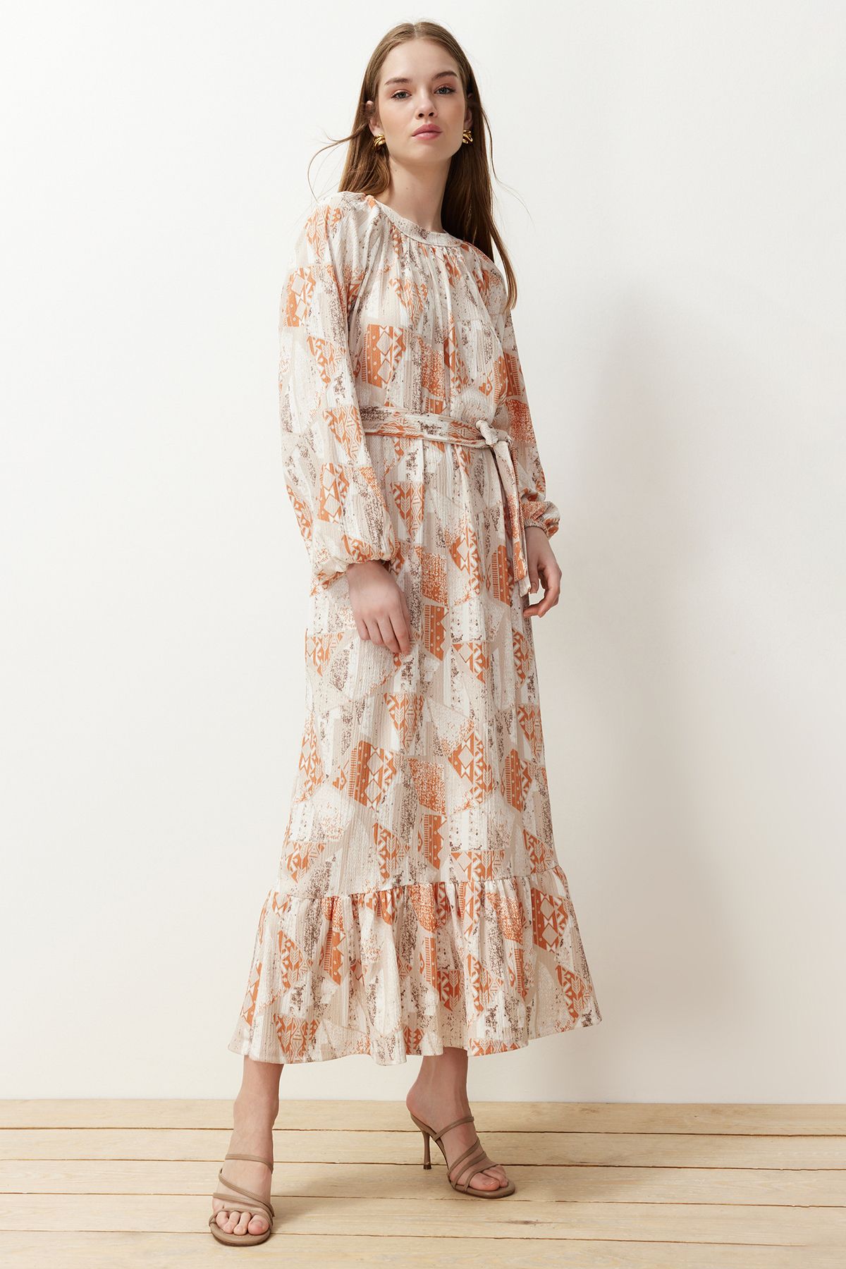 Trendyol Modest-فستان منسوج بحزام زهري برتقالي TCTSS24EB00231 3