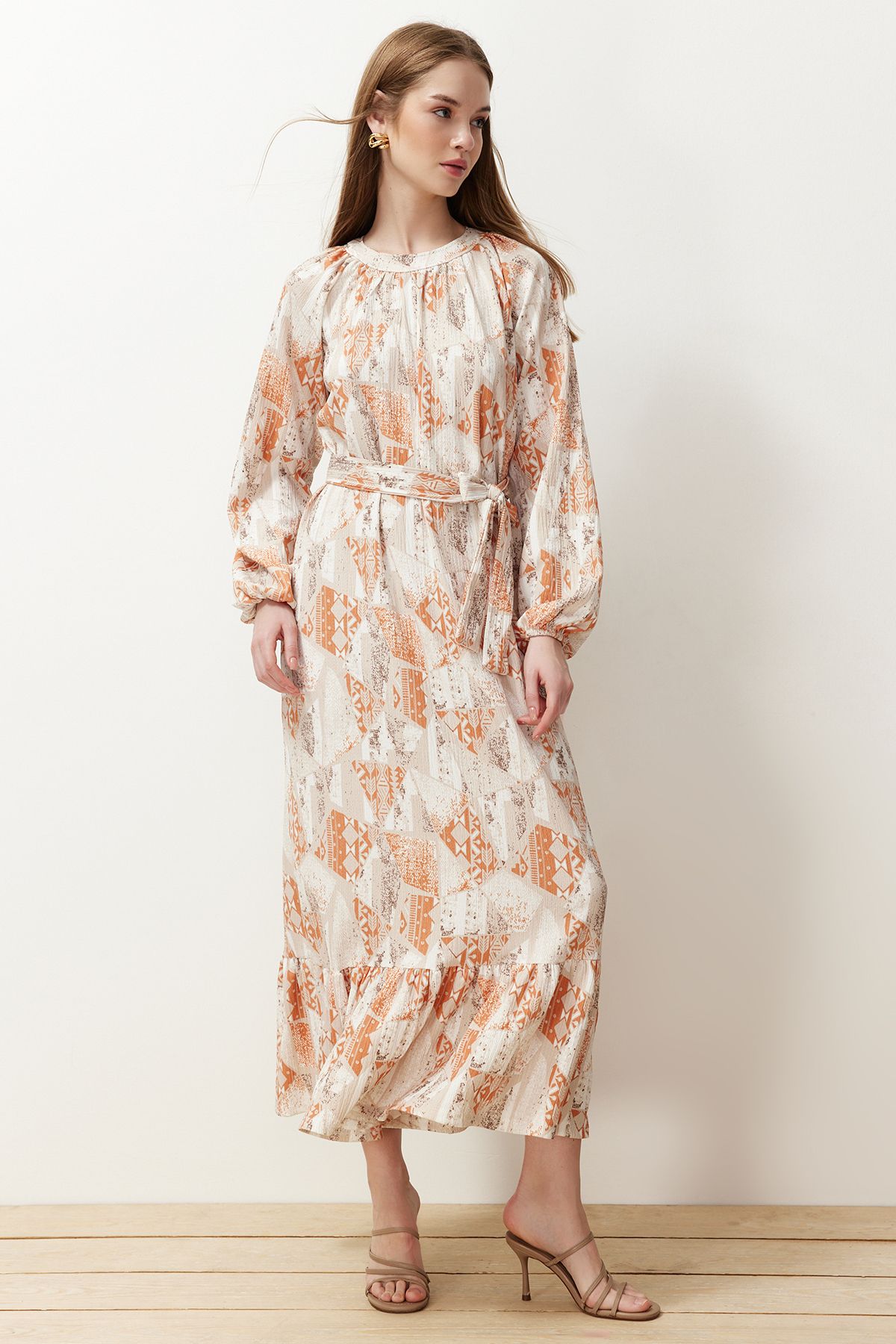 Trendyol Modest-فستان منسوج بحزام زهري برتقالي TCTSS24EB00231 2