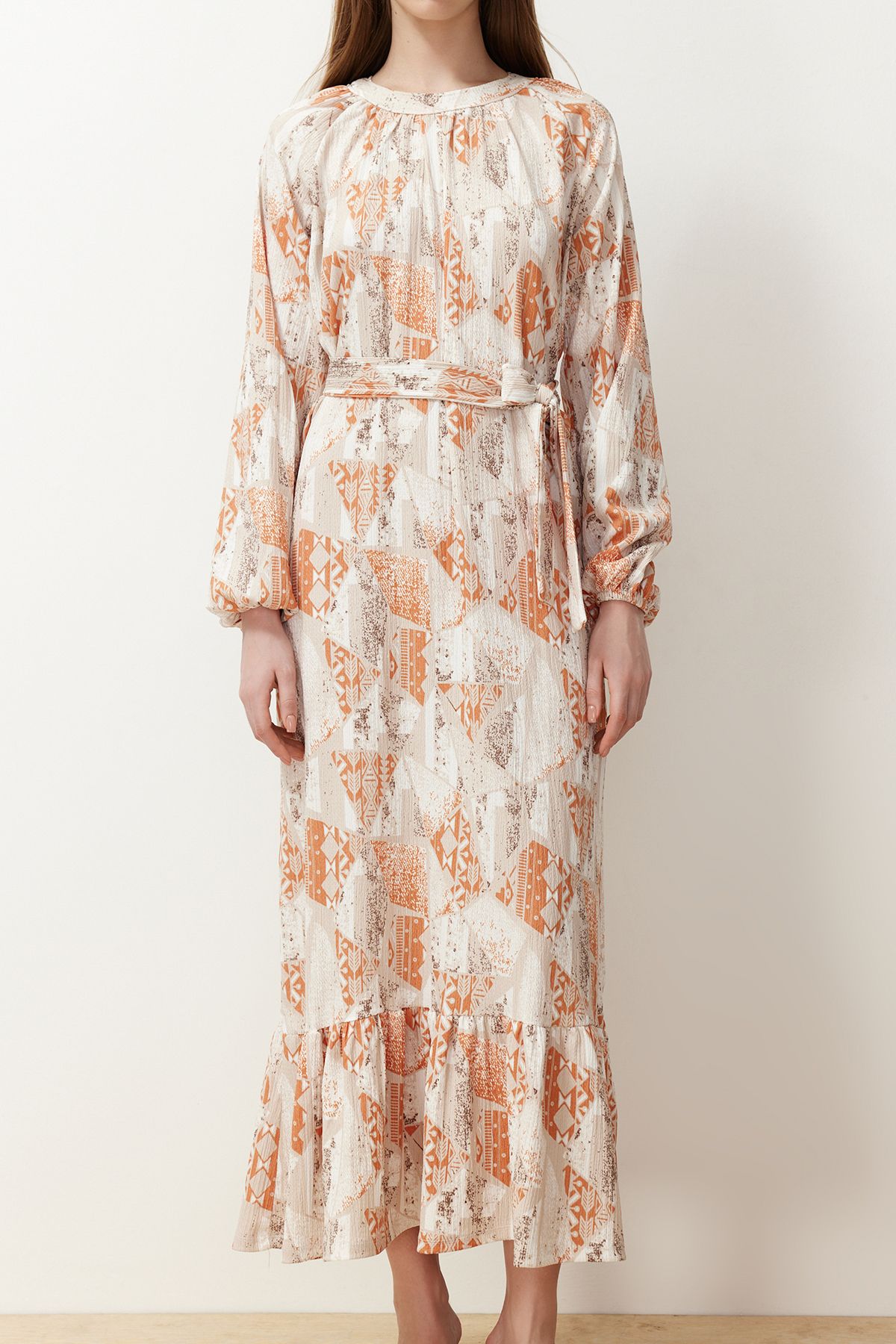 Trendyol Modest-فستان منسوج بحزام زهري برتقالي TCTSS24EB00231 4