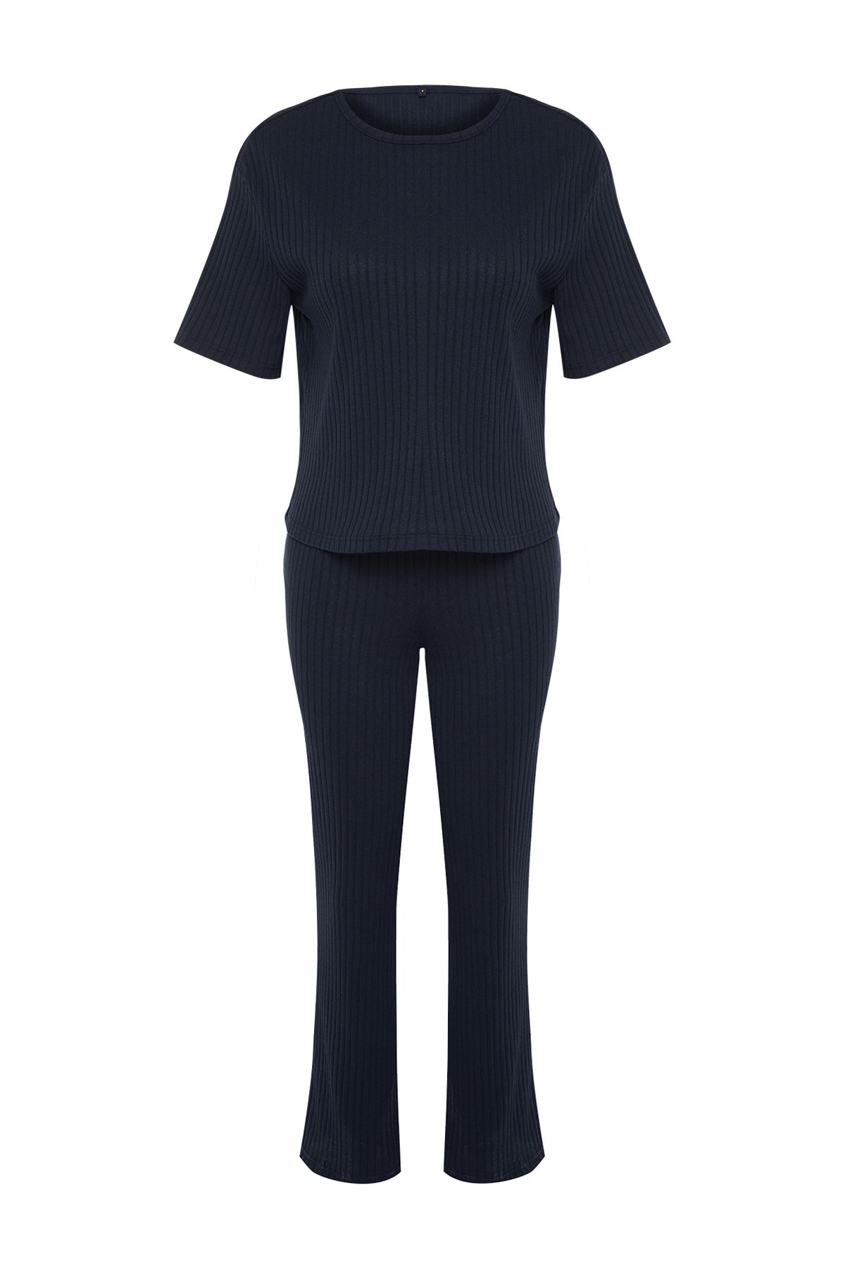 Trendyol Collection-Σετ πιτζάμες κοτλέ - Μπλε μπλουζάκι, μπλουζάκι και παντελόνι με στάμπα με σύνθημα THMSS21PT1016 21
