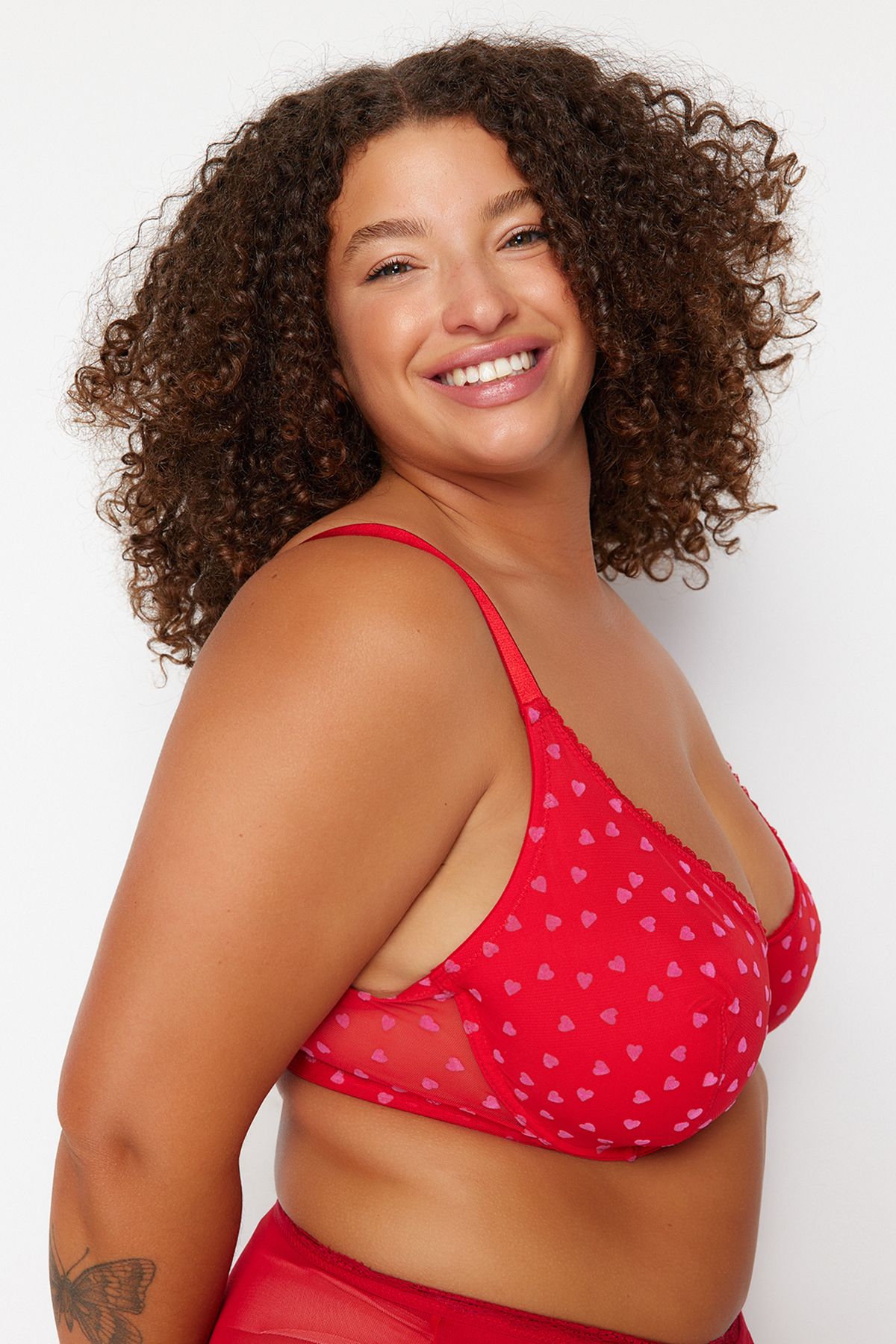 Trendyol Curve-Red Polka Dot Mesh Large Size Bra TBBAW24CW00002 3